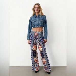 Boho Print Wide Leg High Rise Pants Womens Sz S Festival Tribal Aztec Patchwork